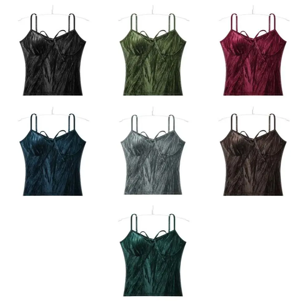 ระบายอากาศด้วยเบาะหน้าอกกํามะหยี่ยกทรงกุทัณฑ์ไม่ร่องรอยกํามะหยี่รัดตัวสลิมฟิตเสื้อครอปแขนกุดทุกวัน