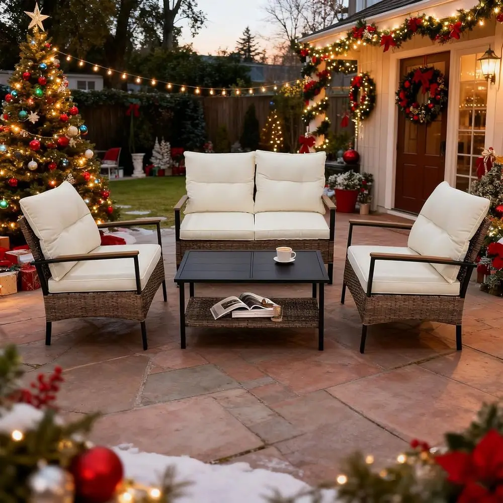 

Набор мебели для патио, набор для бесед на открытом воздухе, плетеный диван из ротанга, двухместный диван, 2 стула для патио и журнальный столик, коричневый/бежевый