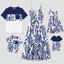 PatPat Family Matching Modern Blue and White Botanical Leaf Design Button Strap Dress and Color Block Tee Sets