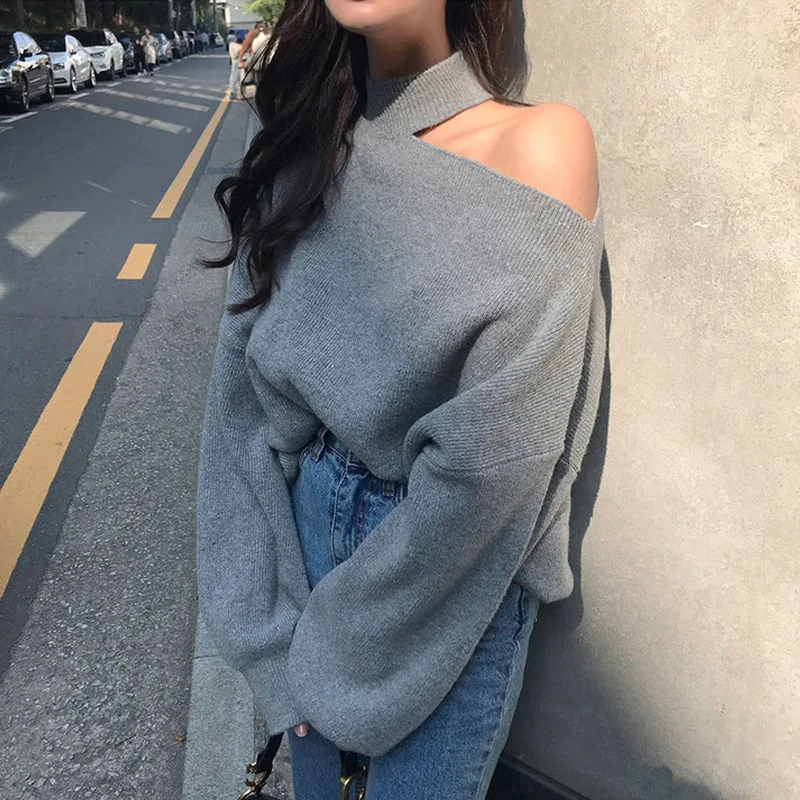 

Korean version single-sided off shoulder sweater women's autumn new design sense solid loose and lazy style pullover