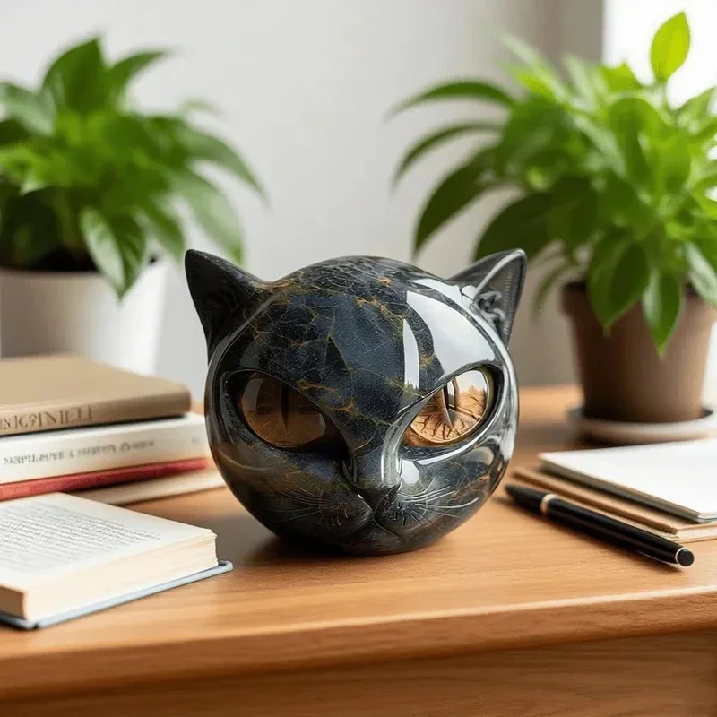 Gift Home Office Desktop Decoration Black Cat Stone Figurine Resin Cat Head Healing Stone Marble Texture Cat Stone Keepsake
