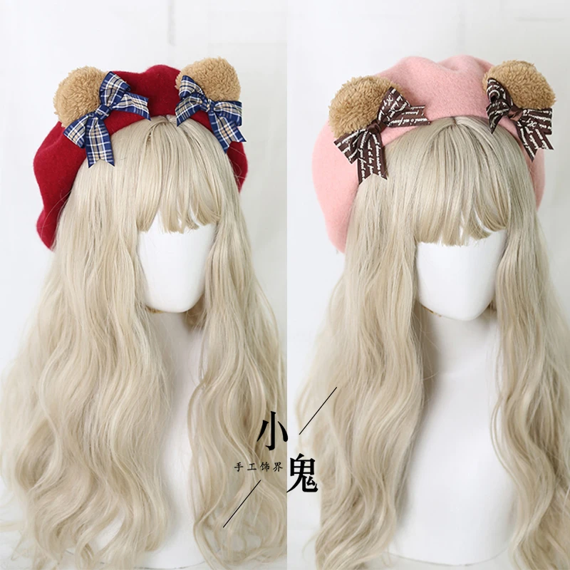 Lolita Bear ear Beret Cute Japanese handmade accessories cute Harajuku bow hat