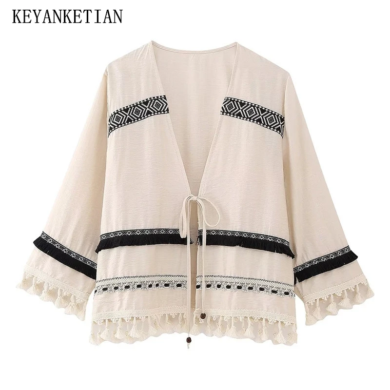 KEYANKETIAN New Fringe Embellished Lace-Up V-Neck Cardigan Shirt Women Bohemian Style Embroidery Crop Top Outerwear Blouse