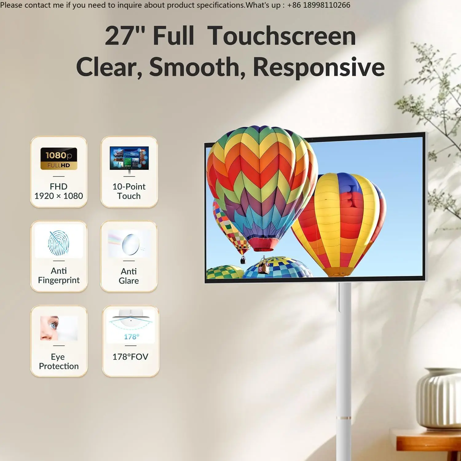 27-inch Portable Smart TV, Android 14 Touchscreen, Built-in Battery, Fully Rotatable with Remote Control Support.