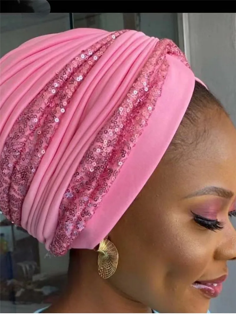 

New Muslim Hijabs African Headtie Shimmer Sequin Pleated Hat Nigerian Ladies Head Wrap Chemo Caps Twisted Turban Women Auto Gele