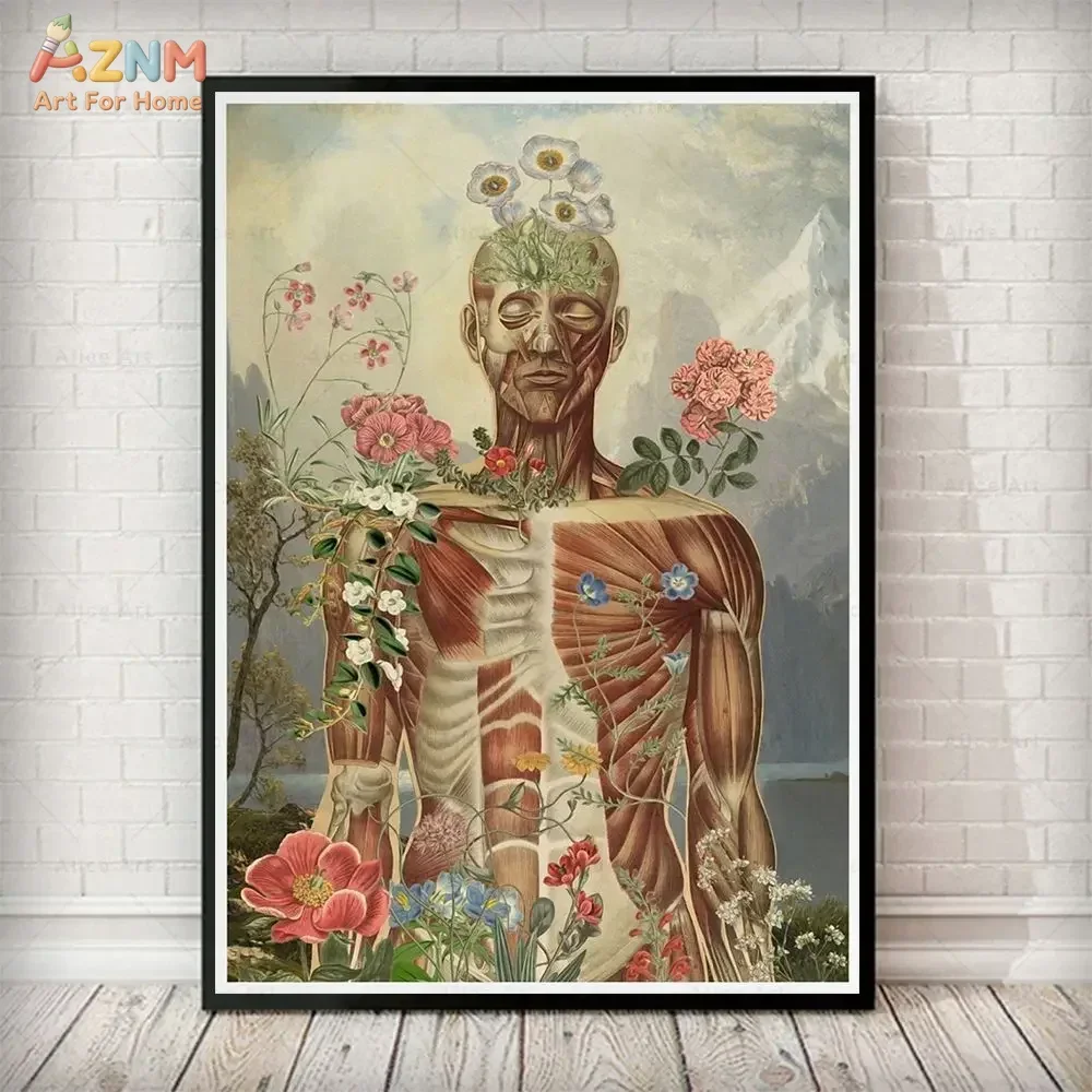 AZNM Vintage Anatomy Flower Canvas Wall Art Human Muscle Floral Surreal Print Poster Medical Office Decor Unframed Painting