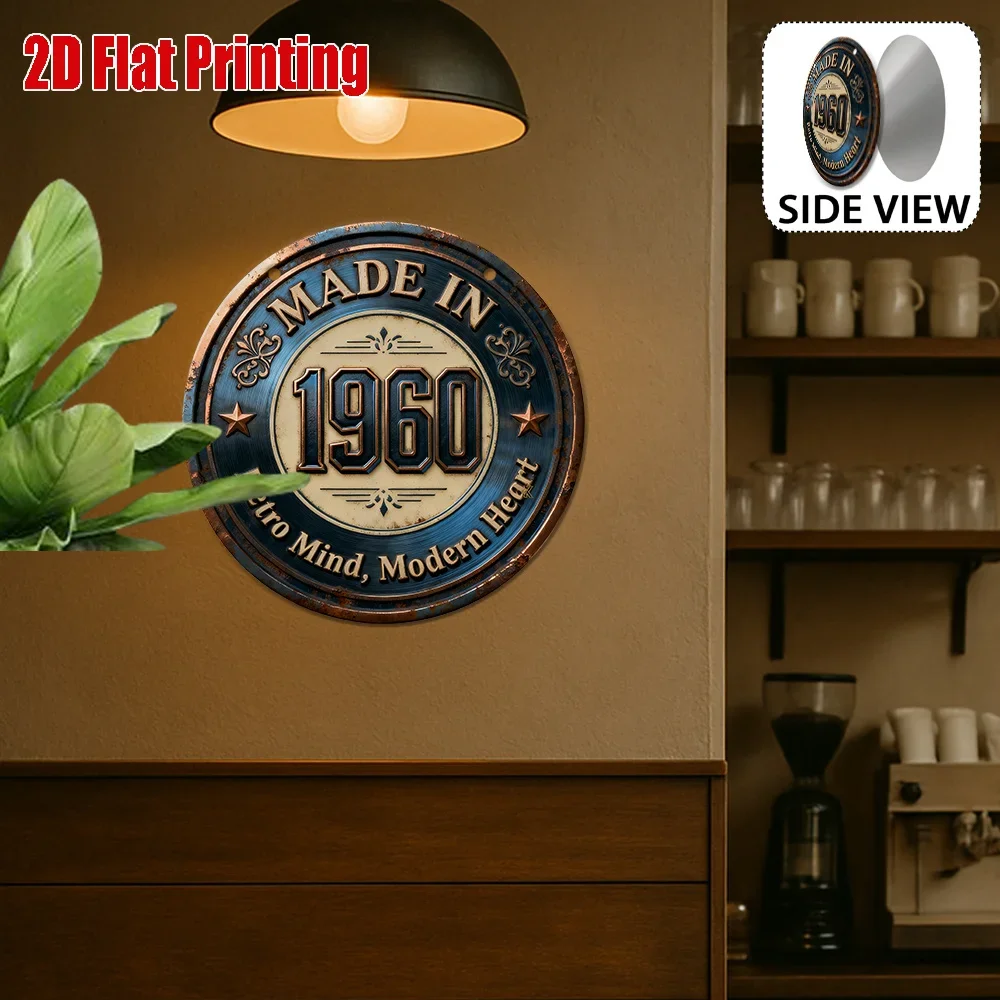 2D Flat Round Tin Sign 1pc 7.87x7.87 inch Made In 1960 Retro Vintage Rustic Metal Wall Sign Birthday Gift Decor