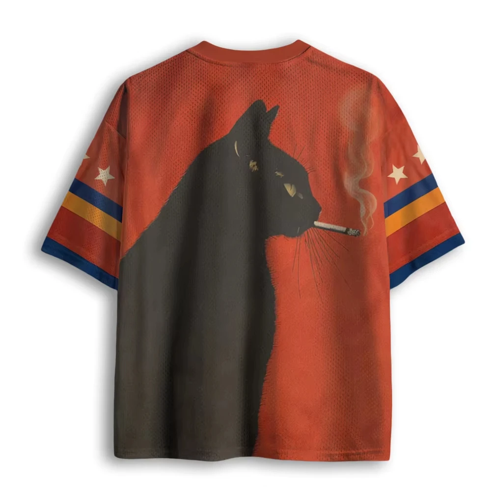 Old‑School Cool Feline Graphic Mesh Short Sleeve Jersey Number Shoulder Decor Triple‑Color Stripe Cuff Unisex Grunge Street Tops