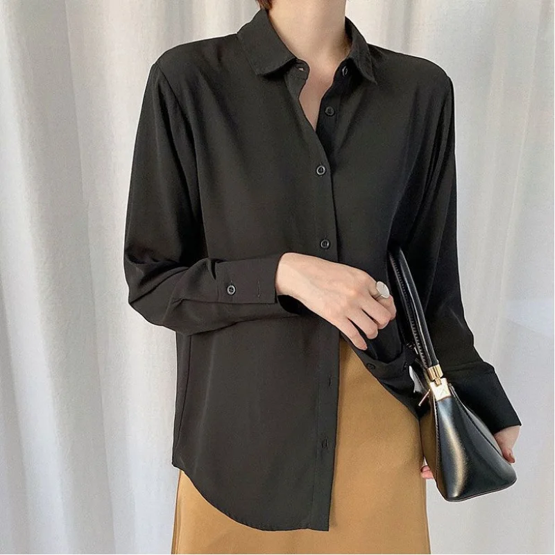 Ladies Chiffon Shirt Autumn Korean-Style Long-Sleeved Loose Black Work Blouses For Women Fashion All-Match Top Shirts