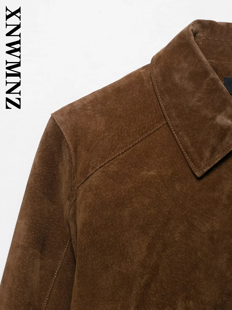 XNWMNZ 2025 Herfst Vrouw Vintage Woon-werkverkeer Turn-down Kraag Leren Jas Eenvoudige Mode Vrouwen Kleding BRUIN Casual Bovenkleding