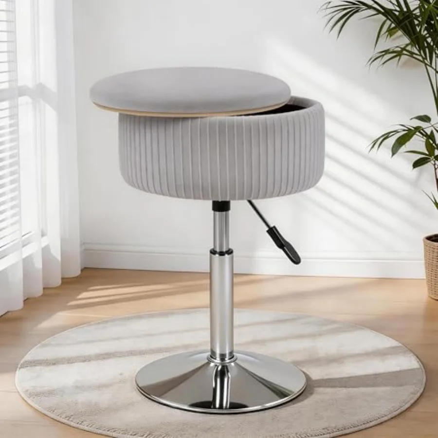

Adjustable Vanity Stool with Storage, 360° Swivel Vanity Chair, Velvet Small Round Ottoman Footrest for Bathroom, Makeup Room