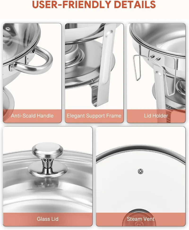 Set da buffet per scaldavivande, confezione da 4 ciondoli rotondi da 5 qt per catering con coperchio in vetro e supporto per coperchio, supporto per carburante per padella per acqua,