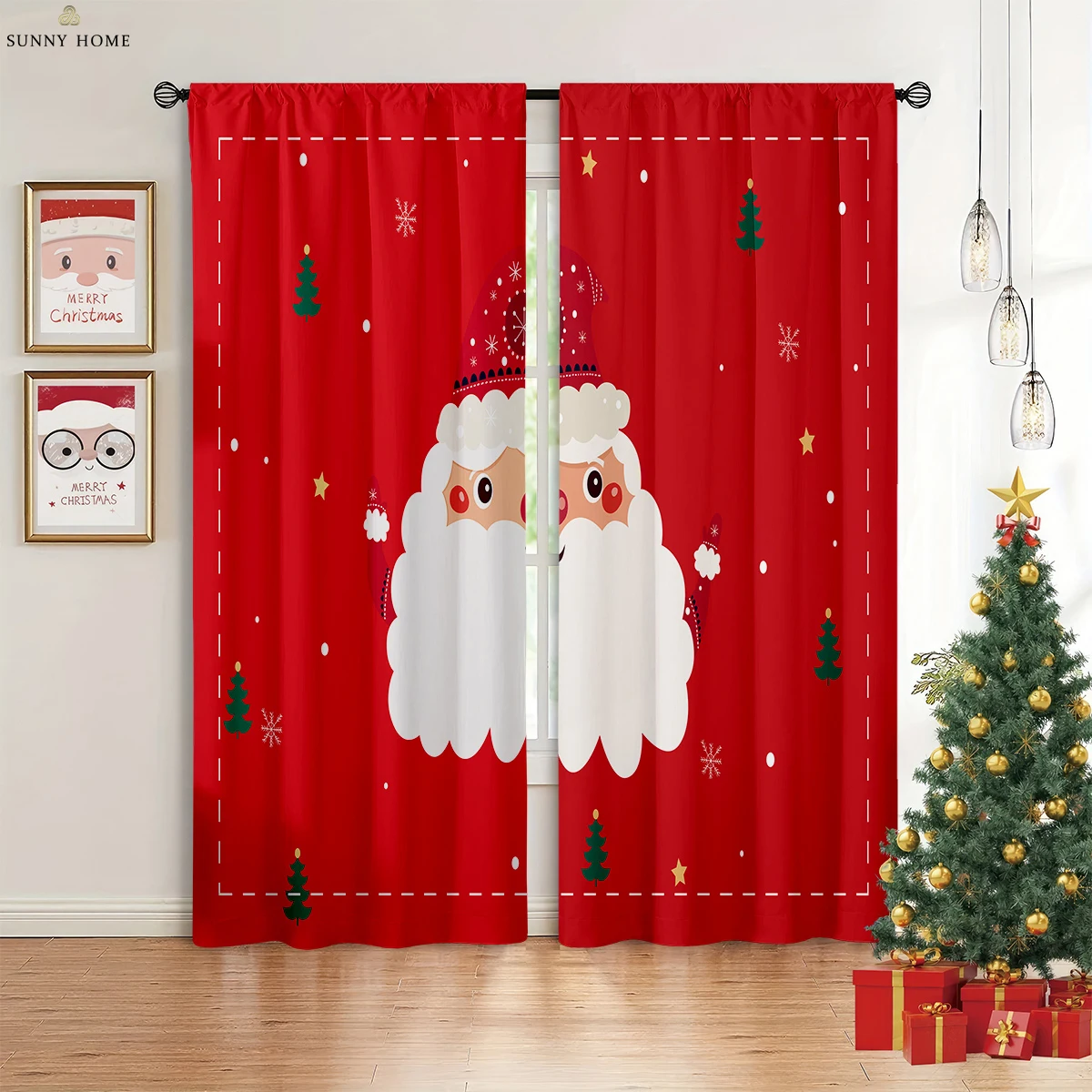 Red Santa Claus Wood Merry Christmas Letter Printed Curtains Bedroom Dining Room New Year Decorative Curtains 2 Pieces