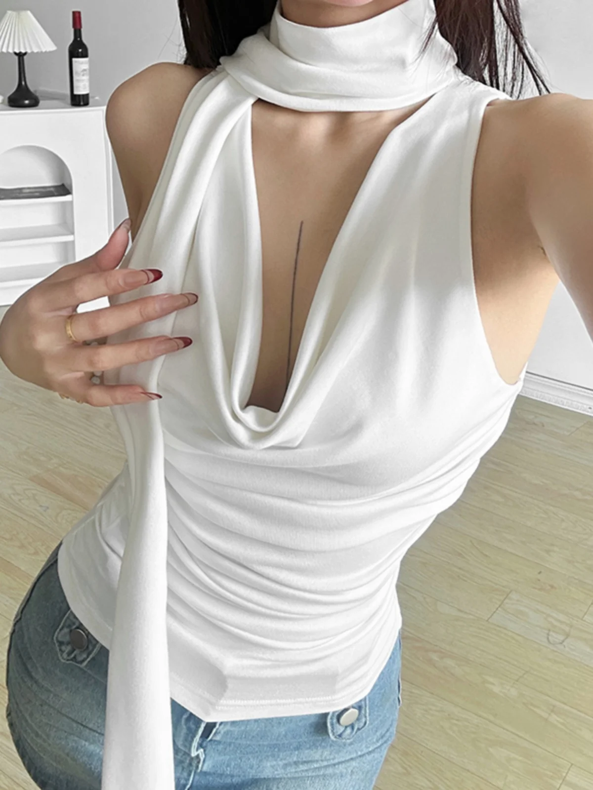 

Weird Puss Women's Slim Fit Off-oulder Svel Vest with Sa Street Sle ort Top Pure Color Polyester Spandex Blend