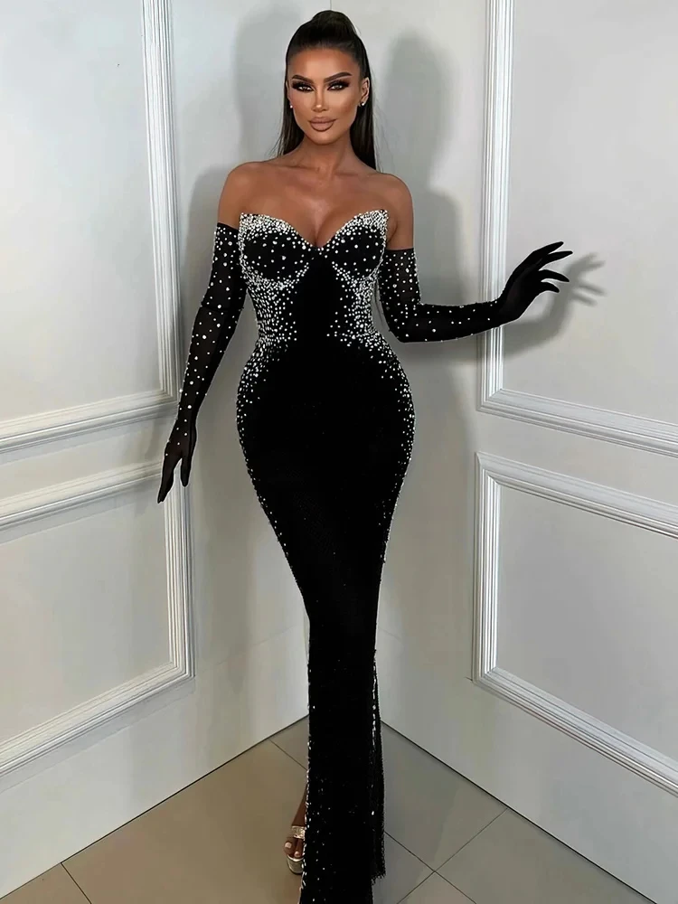 Black Velvet Long Dress Strapless Backless  Maxi Prom Cocktail  Pearls Embellished Party Evening Gown with Gloves Vestidos