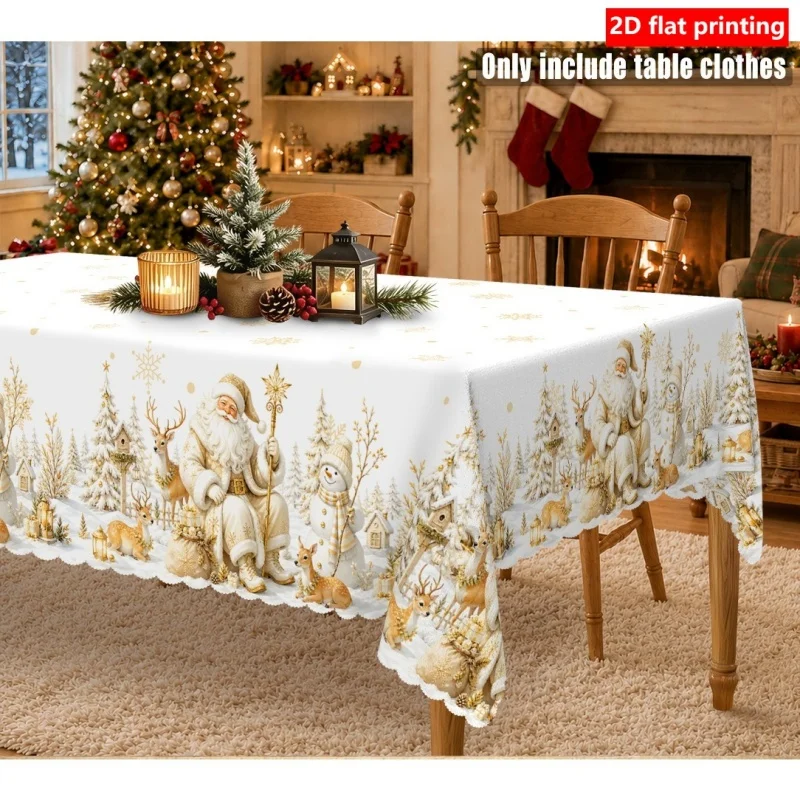 1PCS Christmas tablecloth, snow forest, tree, Santa Claus, snowman, deer and sleigh printed design