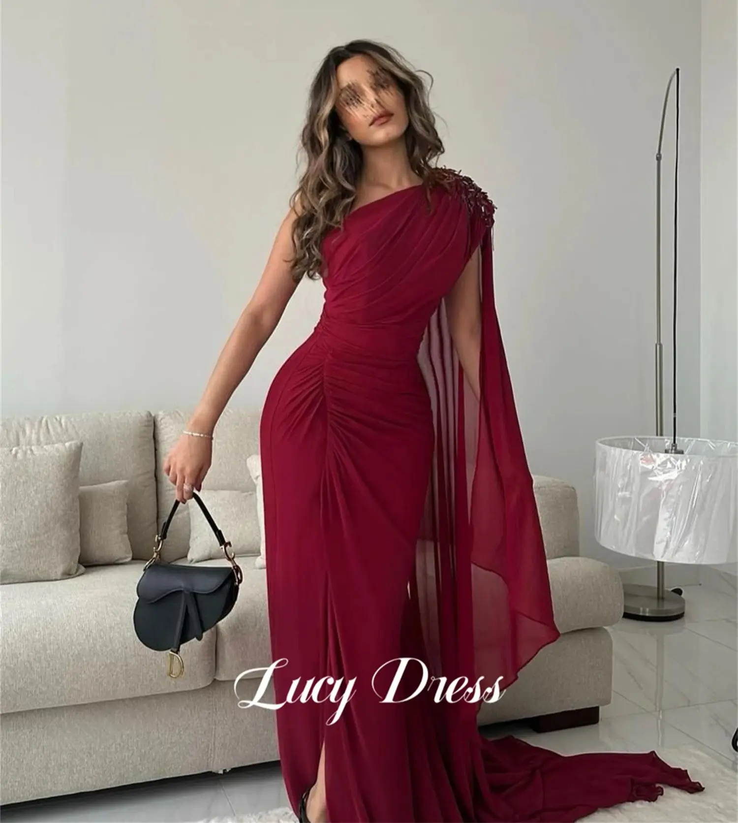 Lucy Ball Gown Graduation One Shoulder Sleeve Party Dress Claret Shawl Chiffon Eid Prom Dresses 2024 Luxury Happy Sharon