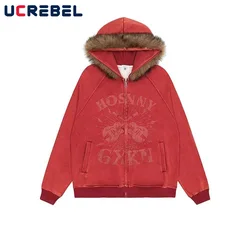Print Hooded Jacket Mens Autumn Washed Distressed Rock High Street Loose Long Sleeve Zipper Fly Outerwear Men