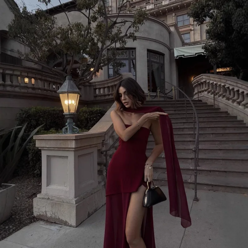 Spring and Summer Elegant Women's Tube Top Slim Dress Fashionable Solid Color Mesh Splicing Dress Off-the-shoulder Evening Dress