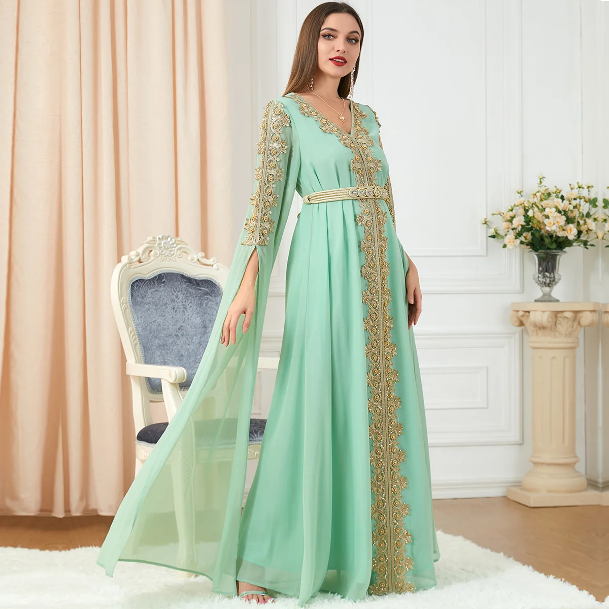 Djellaba Marocaine abito musulmano in due pezzi stampa in Chiffon caftano con cintura abito Ramadan abaya panno islamico vestiti delle donne turche