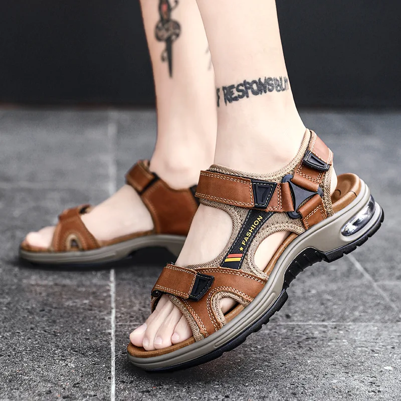 

Summer Men Cowhide Beach Sandals Thick Sole Air Cushion Shockproof Waterproof Casual Shoes Wide Fit Daily Walking Outdoor