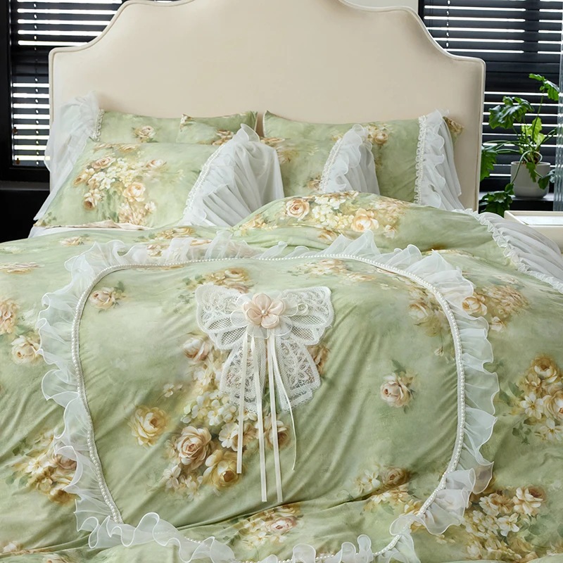 

Rose Flowers Print Lace Ruffles Bow Bedding Set Lyocell Soft Silky Duvet Cover Bed Sheet/Bed Skirt/Fitted Sheet Pillowcases 4Pcs