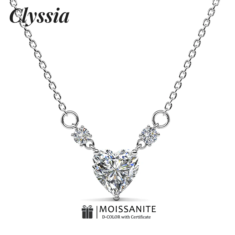 

CLYSSIA Women's Moissanite Heart Pendant Necklace 925 Sterling Silver 18k White Gold Plated Clavicle Chain with GRA Certificate