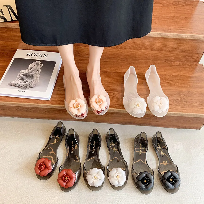 Womens Transparent Summer Jelly Sandals Peep Toe Flat Non Slip Plastic Shoes With Flower Decor Southeast Asian Style For Girls