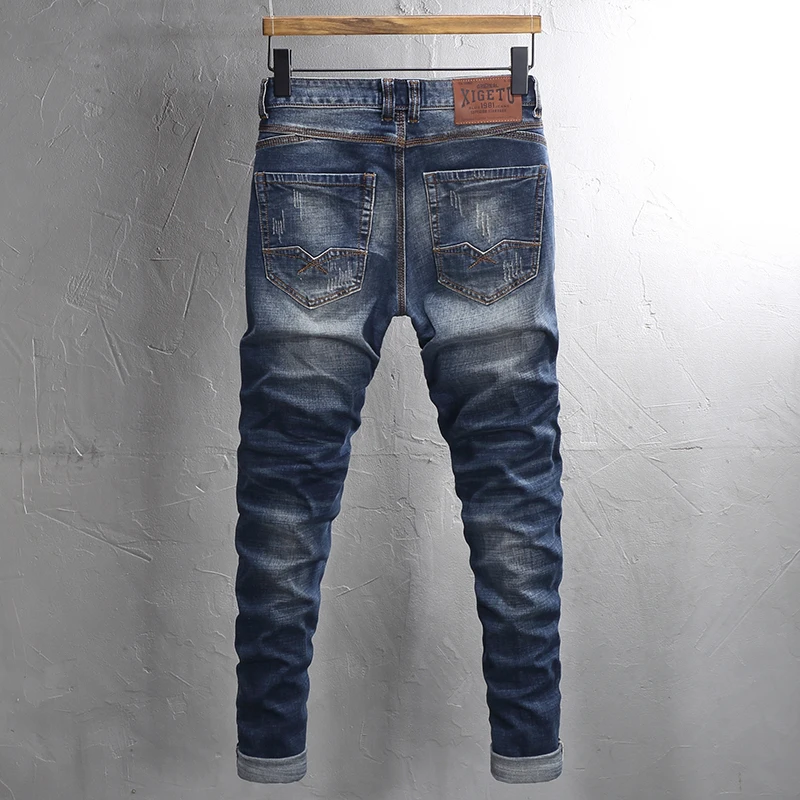 Fashion Designer Men Jeans Retro Washed Blue Stretch Slim Fit Ripped Jeans Men Trendy Trousers Vintage Denim Pants Hombre