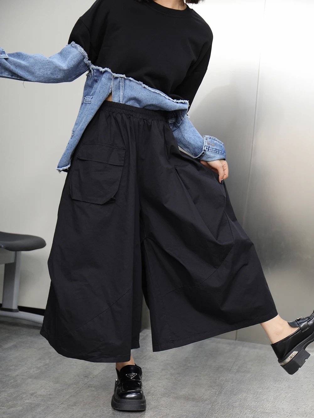 240921 High Elastic Waist Solid Color Irregular Long Wide Leg Pants New Trousers Women Fashion Tide Spring Autumn 2024