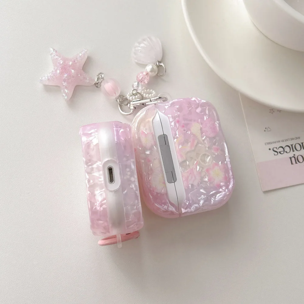 Korea Cute Pink Shell Texture Flower Pattern Wave Earphone Case for AirPods 1 2 3 4 Pro 2 3 Cover With Luxury Pearl Star Pendant - view 6