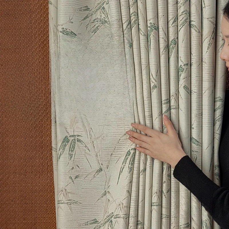 

Green Full Blackout Chenier Curtain Printing Bedroom Living Room Heat Insulation Fresh Pastoral Premium Soundproofing