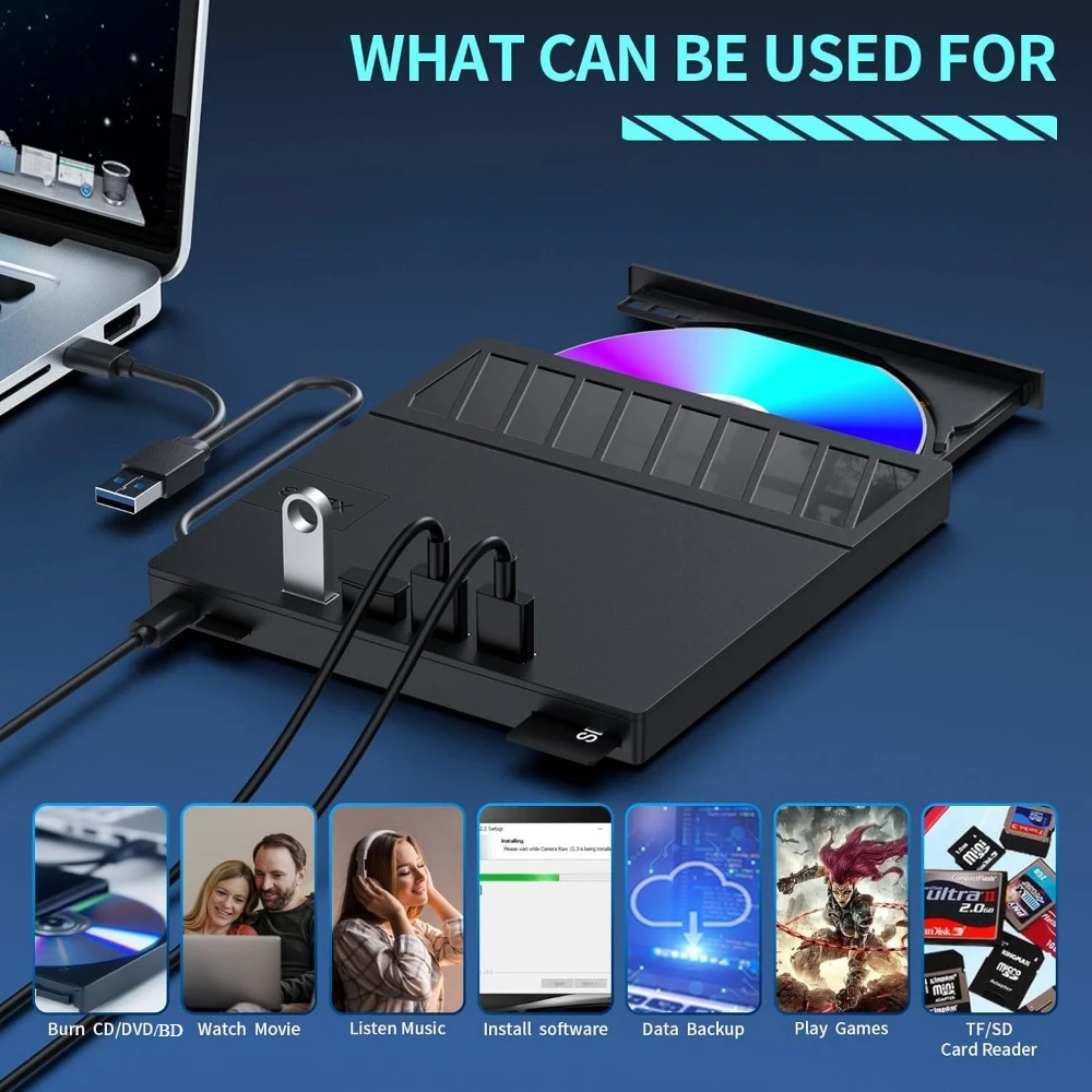 ไดรฟ์ Blu Ray ภายนอก, เครื่องเล่น Blu Ray DVD/CD/BD แบบพกพา USB 3.0, ไดรฟ์ Bluray ออปติคอล 3D เข้ากันได้กับ Windows MacOs