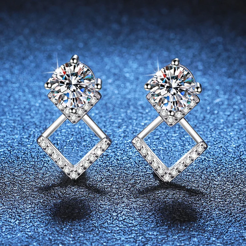

Instagram Style Diamond Geometric High-End Silver D Color 1 Carat Mosang Stone Earrings For Women