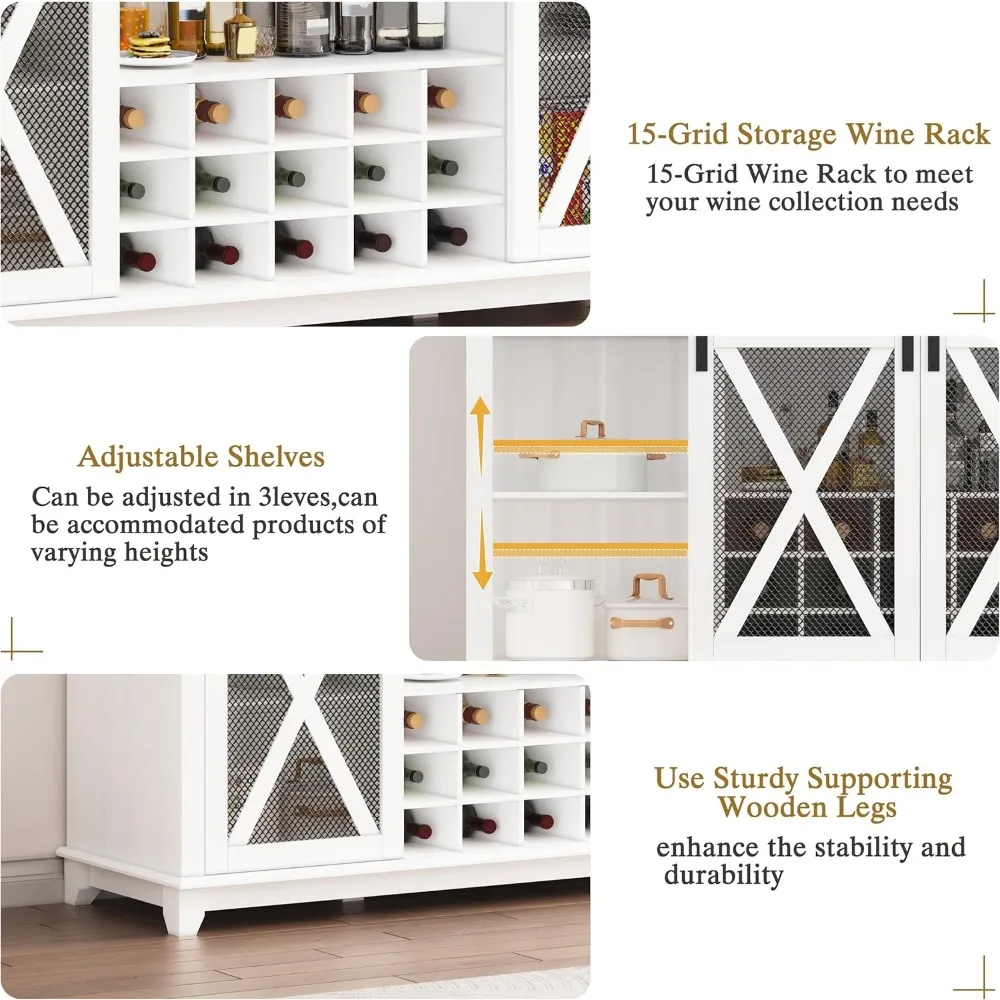 Armadietto da bar da 63 pollici con luci a LED, armadietto da bar per vino con contenitore, gabbia da cucina con porta scorrevole per fienile