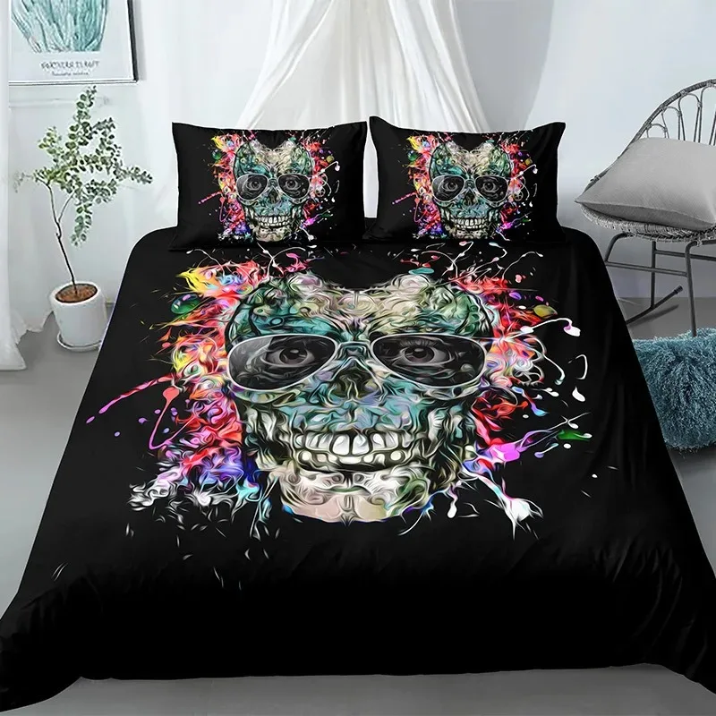 3D Skull Duvet Cover Set Colorful Skull Gothic Watercolor Tie Dye Comforter Cover Microfiber Sugar Skull Queen Size Bedding Set