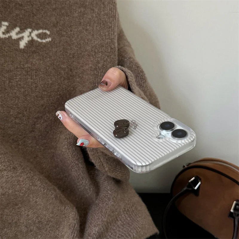 Kristallklare, transparente, weiß lackierte, gestreifte Handyhülle mit 3D-Kaffeebohnen für iPhone 11 12 13 14 15 16 17 18 Pro Max – Detail 5