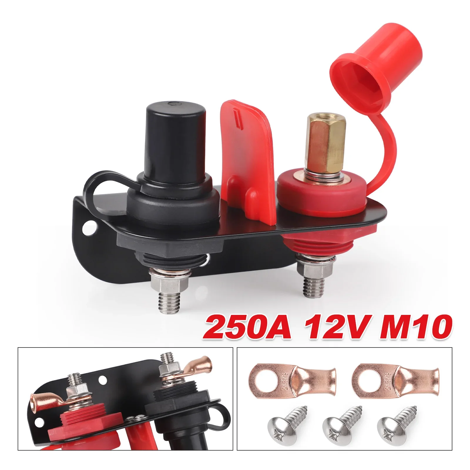 12V 250A  M10 Remote Charging Tool Relocation Kit Positive & Negative Thru Panel Battery Jump Post Terminal for Truck Boat ATV