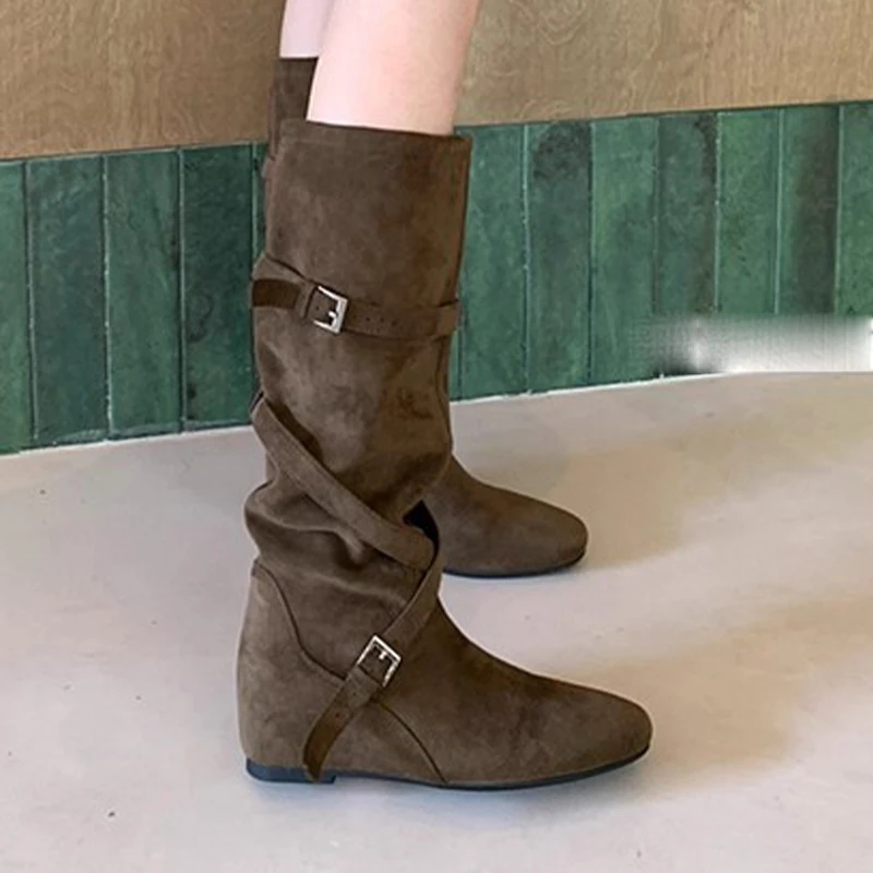 

Designer Women's Boots Suede Fashion Flats Shoes New Dress Mid Calf Woman Chelsea Botas 2025 Winter Casual Cozy Femme Snow Boots