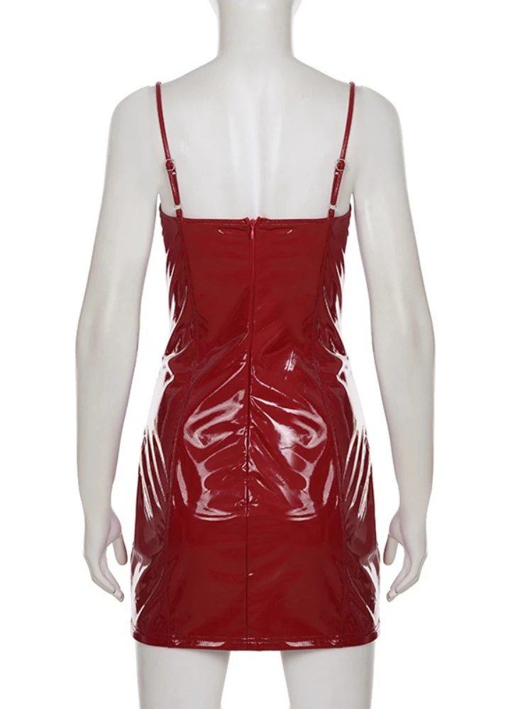 SsTss セクシーな光沢のあるフェイクレザーのスパゲッティストラップドレス、女性用、レッド、ノースリーブ、ハイウエスト、スリム、ボディコン、ミニドレス、ナイトクラブ向け