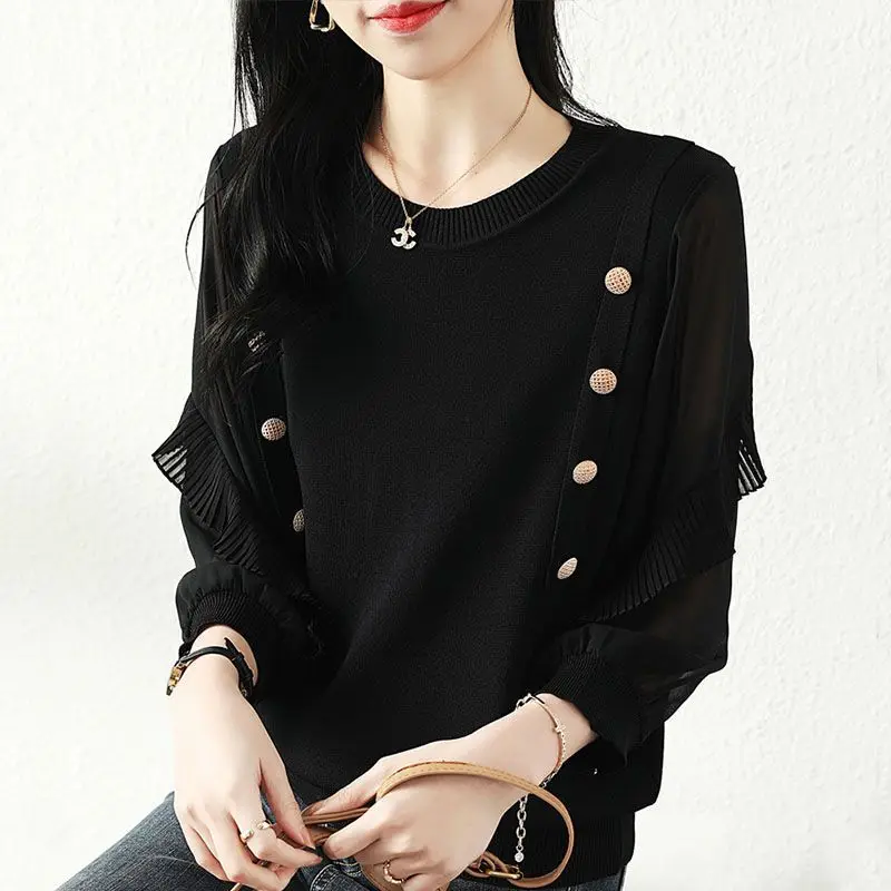 Korean Gauze Patchwork Blouse 3/4 Sleeve Women\'s Clothing Commute Solid Color O-Neck Spring Autumn Button Basic Knitted Shirt