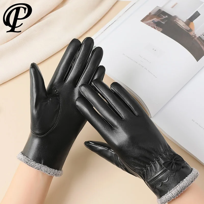 

Зимние роскошные женские перчатки из искусственной кожи для вождения электрического велосипеда, классические ветрозащитные нескользящие теплые уличные бархатные перчатки с сенсорным экраном