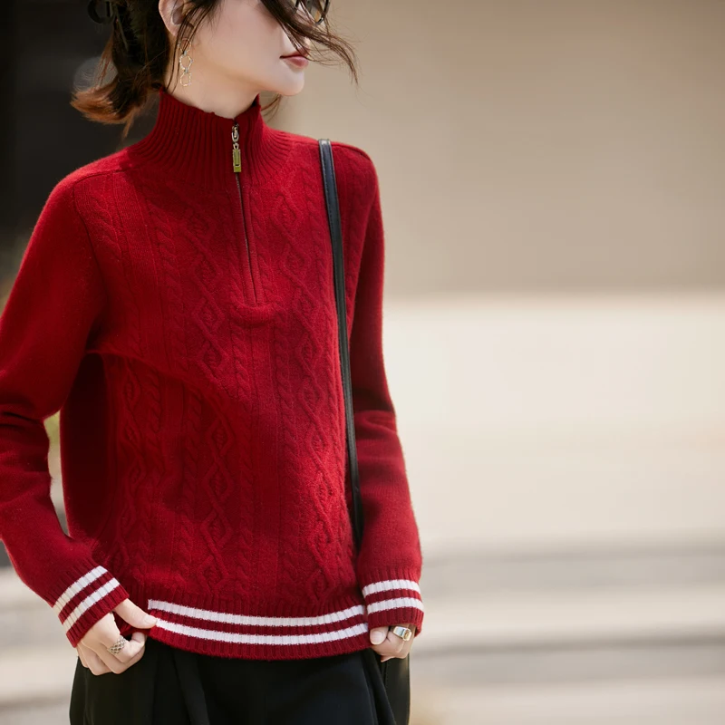 

Women's Wool Sweater Autumn Winter Half-zipper Mock-neck Pullover Long Sleeve 100% Merino Wool Knitwear Thickening Wool Knit Top