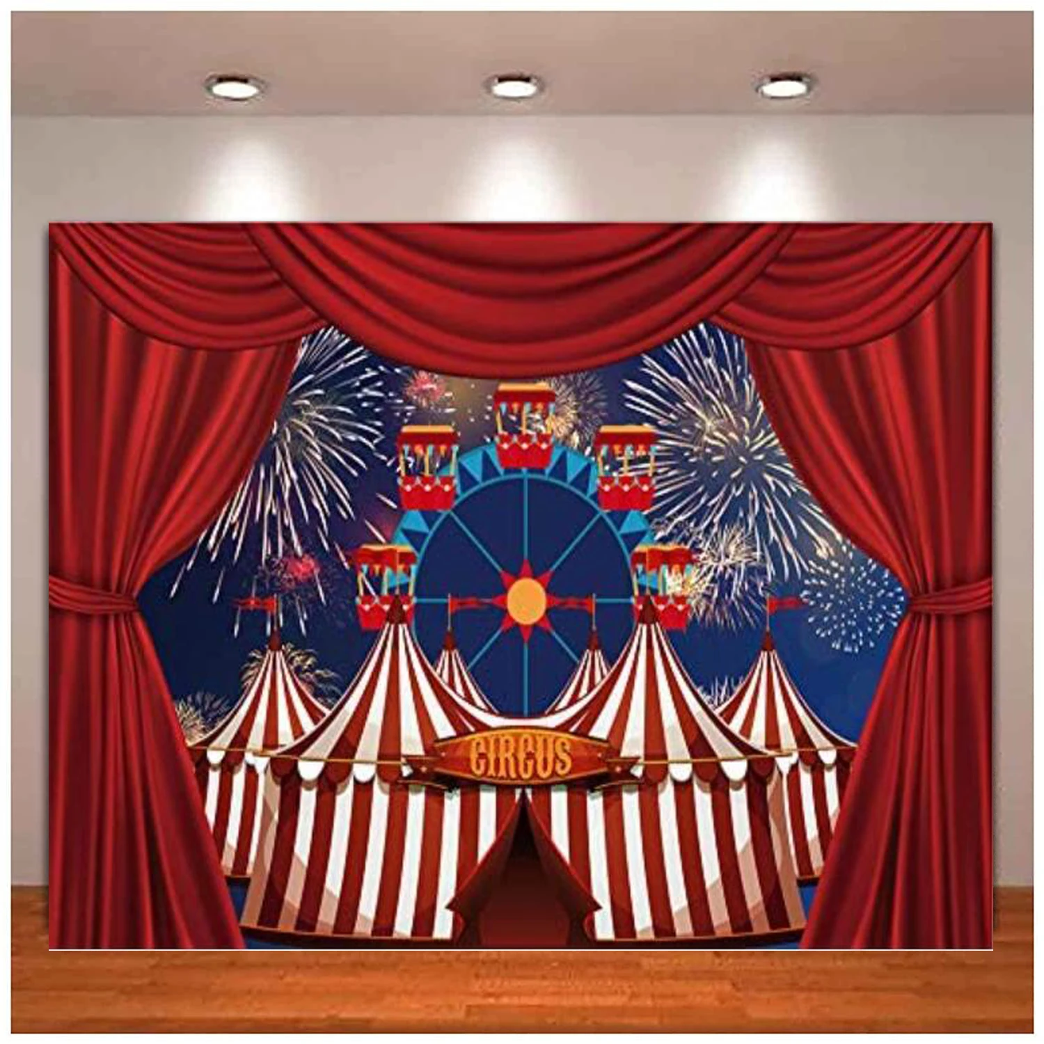 Red Circus Tent Photography Backdrop For Night Sky Fireworks Ferris Wheel Children Birthday Party Decorations Background Cake