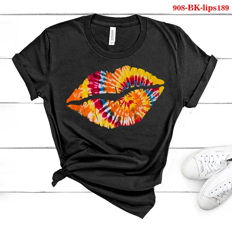 Camiseta con estampado de labios de colores para Mujer, blusa holgada de manga corta con cuello redondo, ropa Sexy