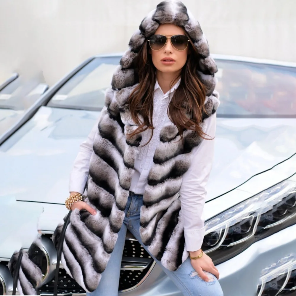 Fashion Women's Real Rex Rabbit Fur Vest Natural Chinchilla Hooded Winter Warm Thick Gilet