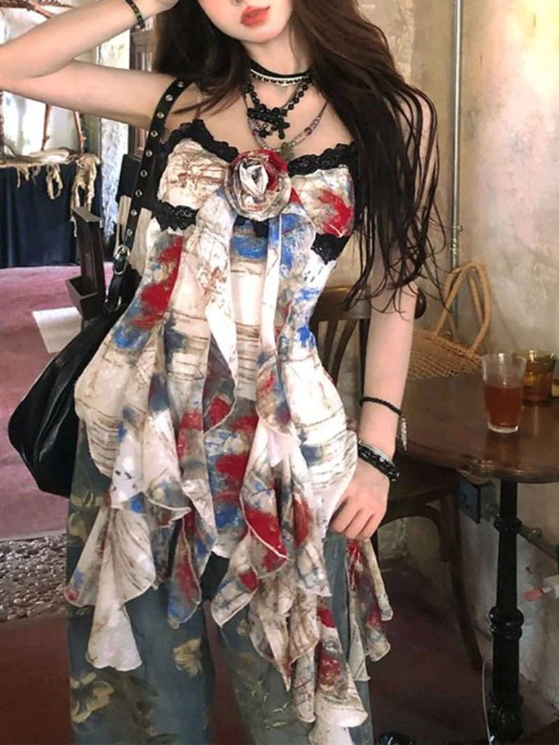 

Sexy Lace Tops Women Corset Top Sleeveless Summer Y2k Clothing 2000s Women's Tanks Slim Camisole Asymmetrical Tees Popular 2024