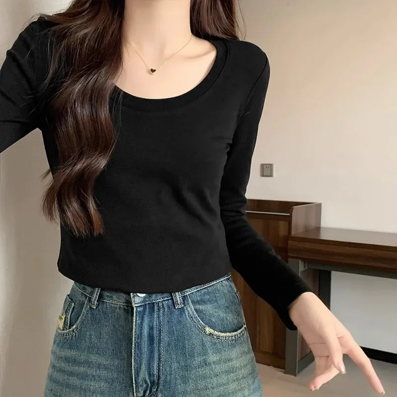 Women New Pure Cotton Big U-Neck T-shirts Long Sleeve Solid Colors Elastic Slim Tops Sping Autumn Simple Casual Bottoming Shirts