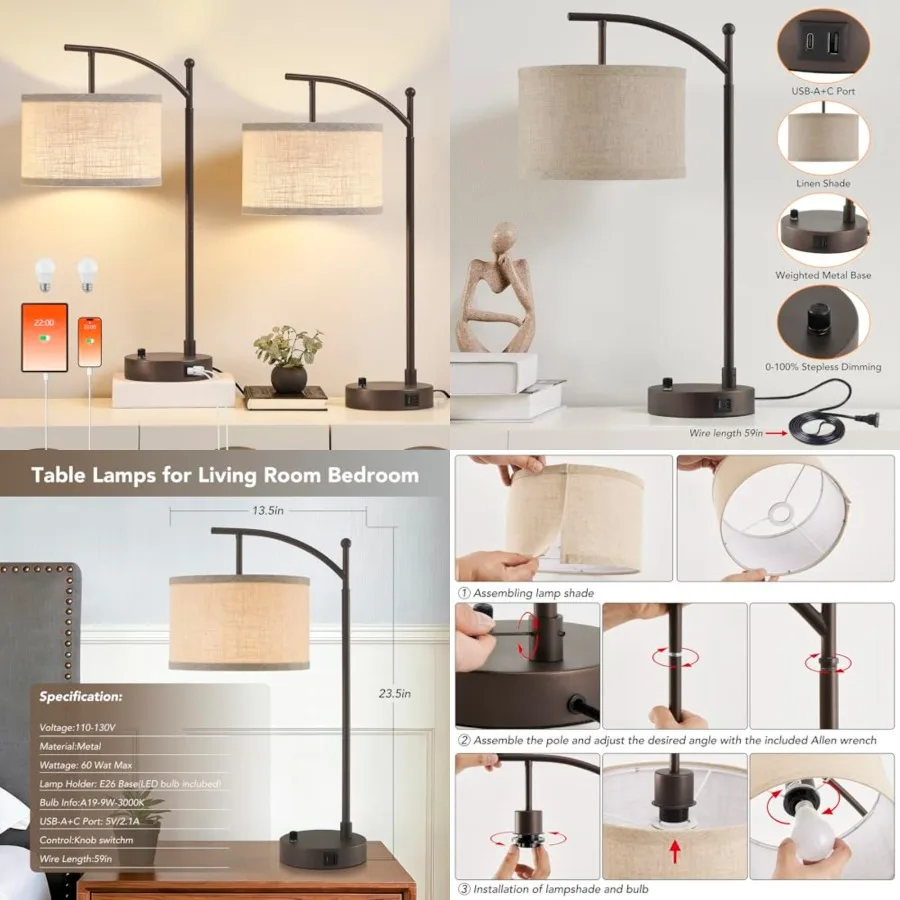 

Table Lamp for Living Room Bedroom, 23.5" Table Lamps Set of 2 with USB C+A Ports, Bedside Lamps for Nightstand with Linen Lamp