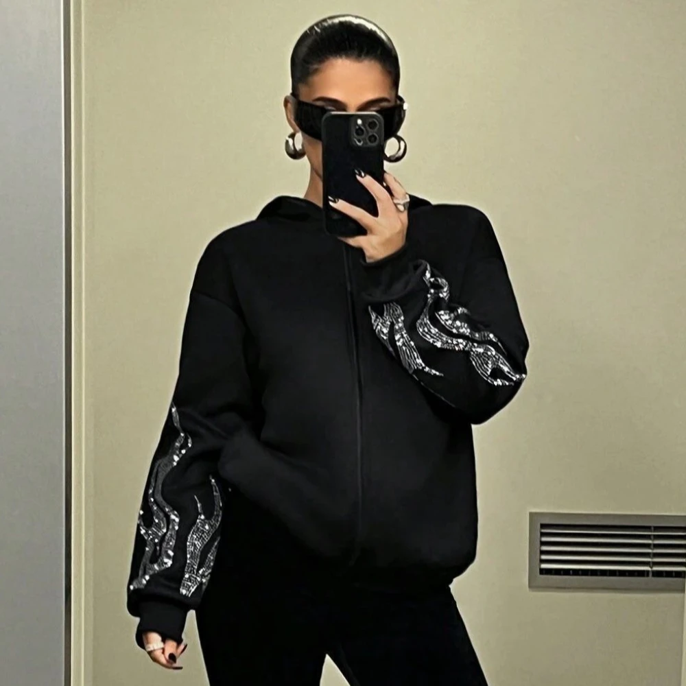 الخريف والشتاء جديد Y2g الشارع الاتجاه لهب حجر الراين فضفاض البريدي مقنعين سترة زوجين معطف للنساء #6